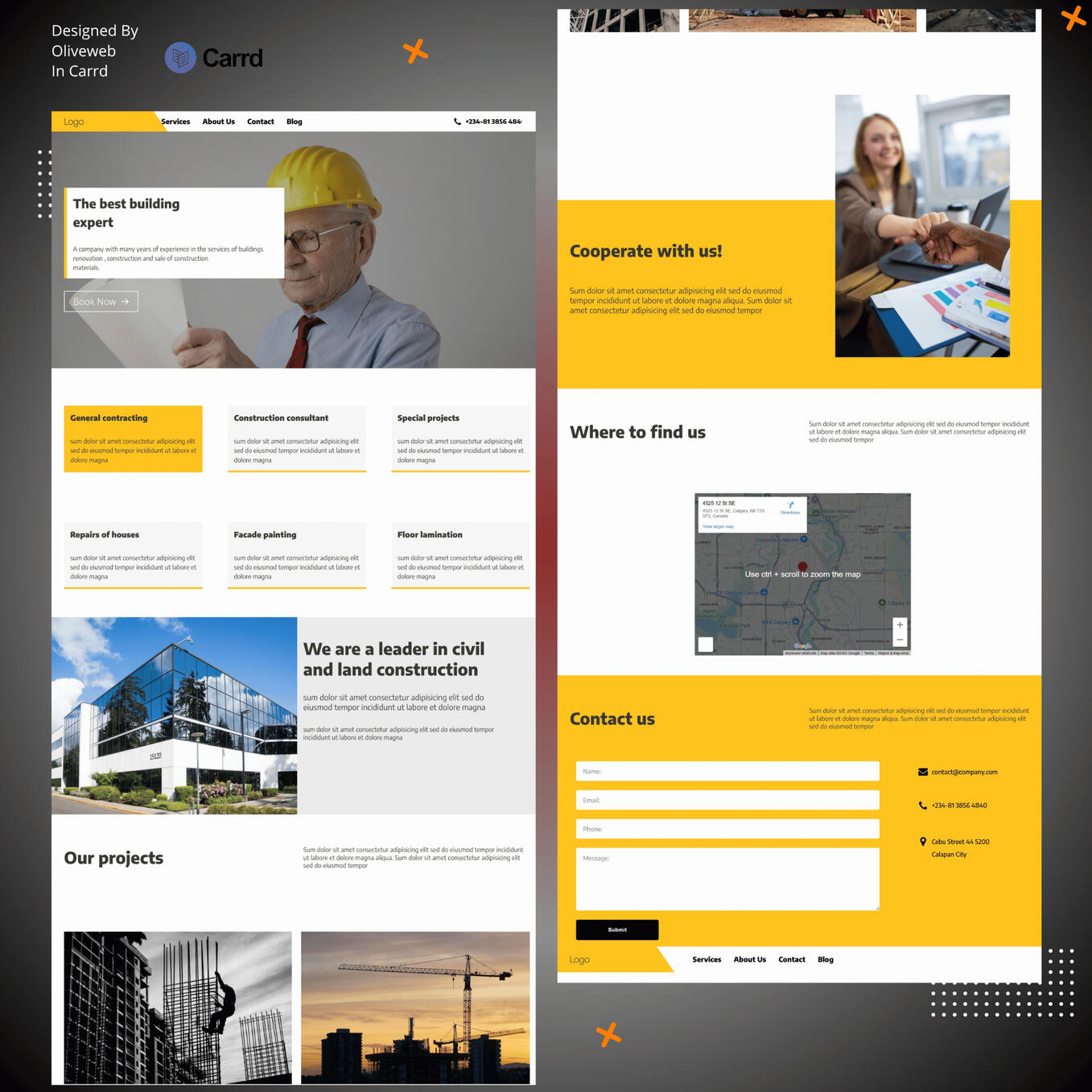 Construction Company ↗ One Page template for a construction company